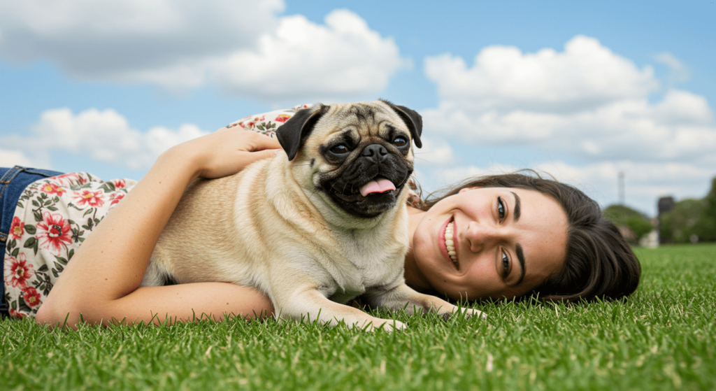 La fidelidad canina: ¿Qué hace que los perros sean tan leales? 7 Mujer sonriendo abrazando a un pug en el césped. Imagen de una persona feliz con su perro disfrutando al aire libre en un día soleado.