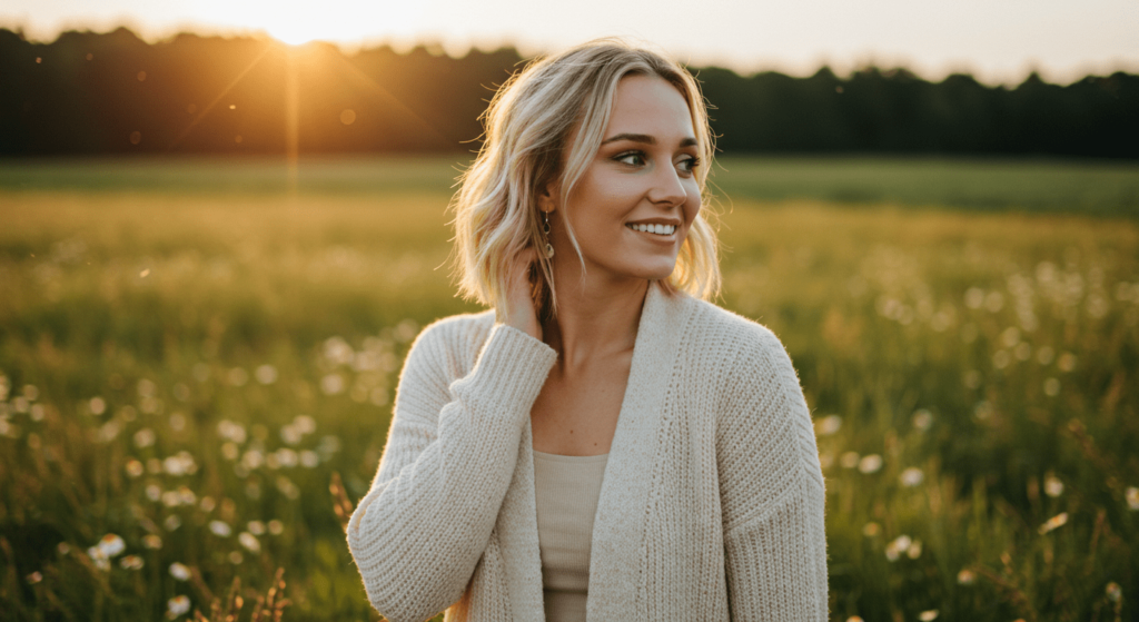 ¿Por qué suspiramos? La ciencia detrás de este acto involuntario 3 Mujer rubia sonriendo en un campo de flores. Imagen de persona feliz disfrutando de la naturaleza con un suéter de lana.