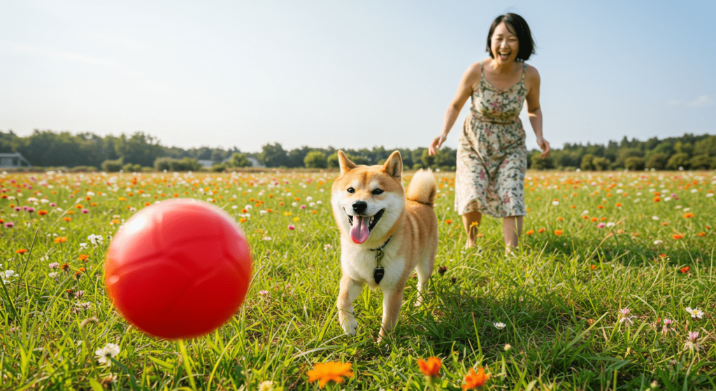 La fidelidad canina: ¿Qué hace que los perros sean tan leales? 4 Mujer y perro Shiba Inu jugando en un campo de flores. Imagen de persona feliz lanzando una pelota a su mascota en la naturaleza.