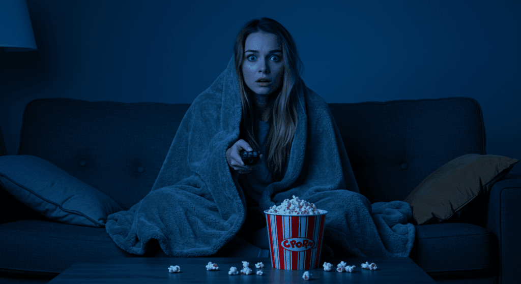 6x1 ¿Por qué hay más diestros que zurdos? 7 "Joven viendo la televisión con expresión de miedo en una habitación oscura, envuelta en una manta y con palomitas. Imagen que representa la experiencia de ver una película de terror. Ideal para contenido sobre cine, entretenimiento, suspense y televisión."