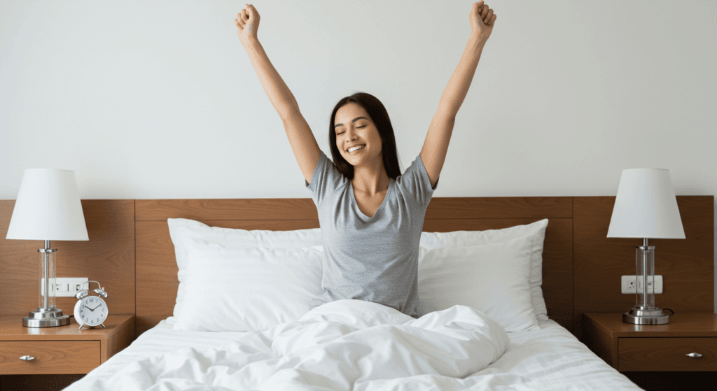 ¿6x1?: ¿Por qué nos da hipo? 5 "Mujer despertando y estirándose en la cama. Rostro sonriente con sábanas blancas y reloj despertador. Ideal para bienestar, hábitos matutinos y descanso."
