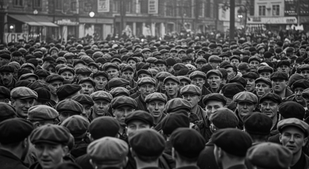 La Revolución Industrial: El cambio que transformó el mundo 7 "Fotografía antigua de multitud de hombres con boinas. Imagen histórica de manifestación o reunión masiva. Grupo grande de personas con gorras."