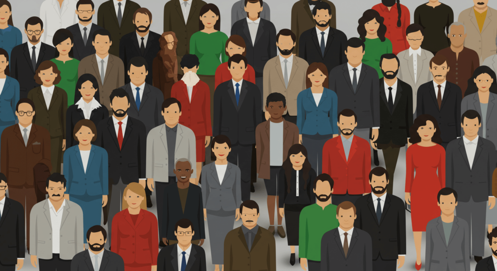 ¿6x1?: ¿En qué año estamos realmente? 7 Ilustración de multitud de personas. Imagen con diversos personajes de diseño plano representando una gran cantidad de gente. Representación de comunidad o población.