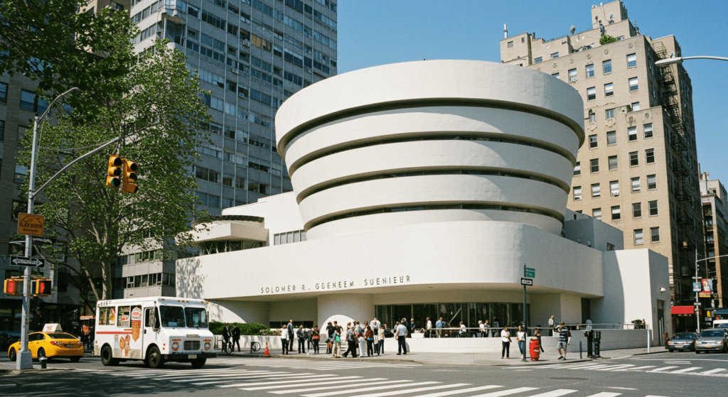 Estilos arquitectónicos: una guía a través de los movimientos más influyentes de la historia 6 "Museo Guggenheim Nueva York. Vista del icónico Museo Guggenheim en Nueva York, con su diseño cilíndrico único. Arquitectura moderna. Atracciones turísticas Nueva York."
