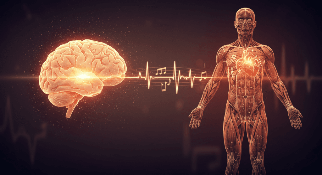 ¿Cómo afecta la música a tu cuerpo? Ciencia y curiosidades sobre su poder 4 "Ilustración que muestra la conexión entre la música, el cerebro y el cuerpo humano. La música influye en el cerebro, el corazón y el bienestar general. Conexión entre música, salud y neurociencia."