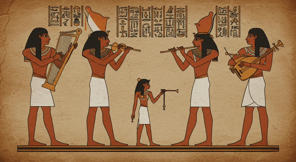 ¿Cómo afecta la música a tu cuerpo? Ciencia y curiosidades sobre su poder 2 "Pintura mural egipcia antigua con figuras tocando instrumentos musicales y bailando. Representación cultural del antiguo Egipto."