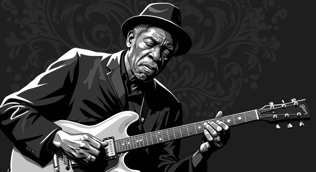 ¿Por qué nos gusta la música? La ciencia detrás de nuestra conexión con el ritmo 4 "Ilustración en blanco y negro de un músico de blues tocando la guitarra eléctrica. Imagen estilizada que captura la intensidad y emoción del blues. Ideal para contenido sobre música, cultura y arte. Diseño accesible y optimizado para buscadores."