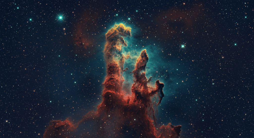 ¿Existe el universo para nosotros o somos solo una coincidencia cósmica? 2 Espectacular nebulosa cósmica con brillantes colores amarillo, naranja y rojo, y un halo verdoso, flotando entre estrellas en el vasto espacio profundo. Imagen astronómica del universo.