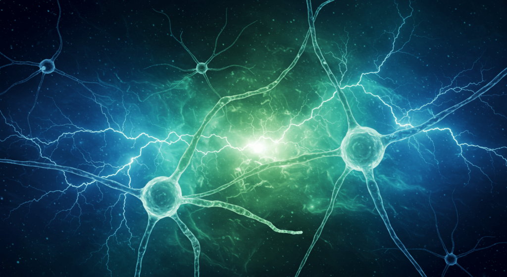 ¿Por qué suspiramos? La ciencia detrás de este acto involuntario 4 Representación artística de neuronas y conexiones cerebrales. Ilustración abstracta del sistema nervioso con fondo cósmico azul y verde.