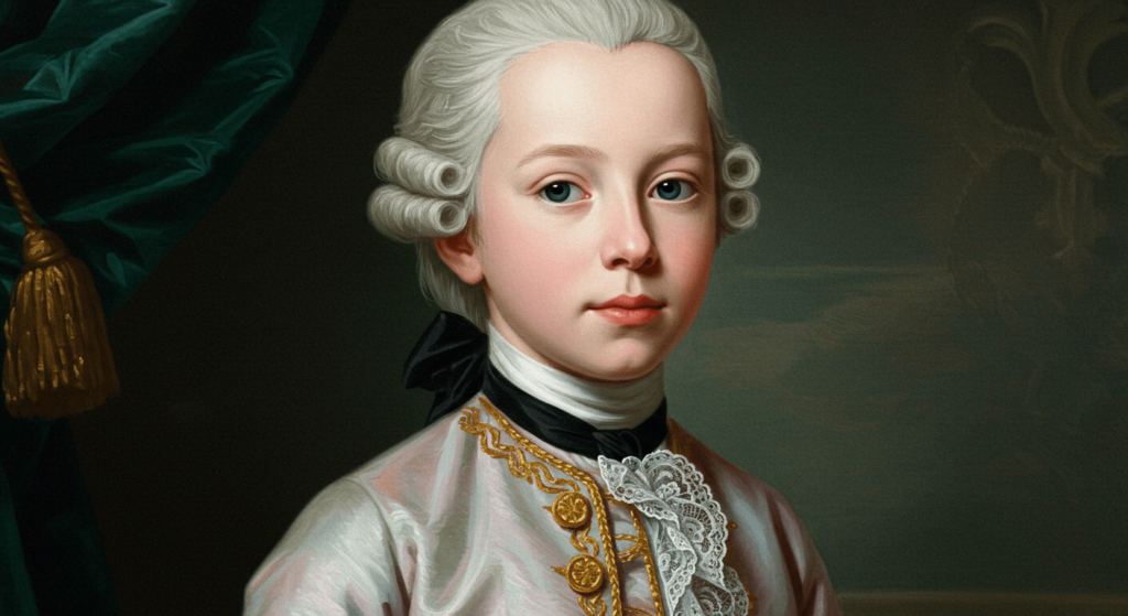 Wolfgang Amadeus Mozart: el genio que revolucionó la música clásica 1 "Retrato clásico de un niño con peluca blanca y traje elegante. Imagen accesible sobre historia del arte, retratos históricos y música clásica."