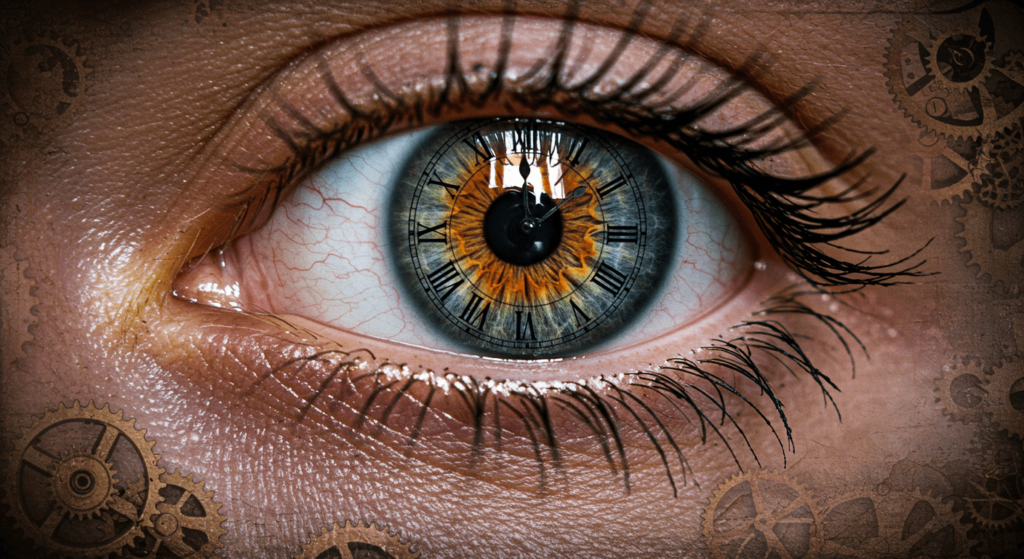 Déjà vu: ¿Por qué sentimos que ya hemos vivido este momento? 1 Ojo con iris de reloj y engranajes. Imagen artística de ojo con diseño steampunk y estética temporal.