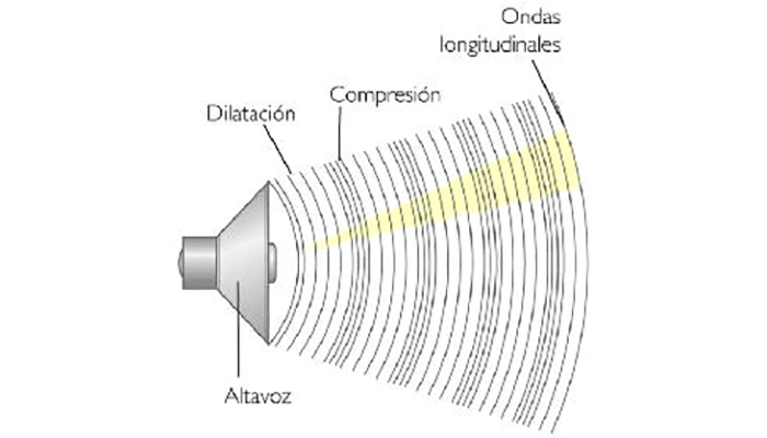 El sonido y su ciencia: desde la vibración hasta la percepción humana 3 Diagrama de ondas longitudinales de sonido saliendo de un altavoz. Infografía educativa sobre física del sonido. Accesibilidad web.