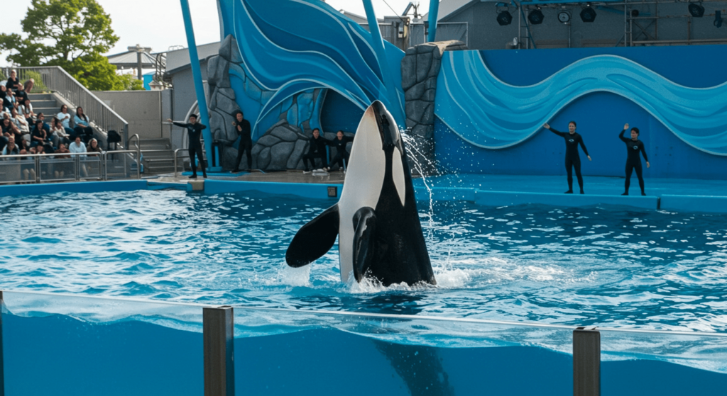 Wikie: la primera orca en replicar palabras humanas y lo que eso significa para el estudio de los animales 6 Orca actuando en espectáculo acuático. Imagen de una orca mostrando un truco en un espectáculo marino, con entrenadores y público alrededor. Representación de entretenimiento con fauna marina. Accesibilidad web y SEO.