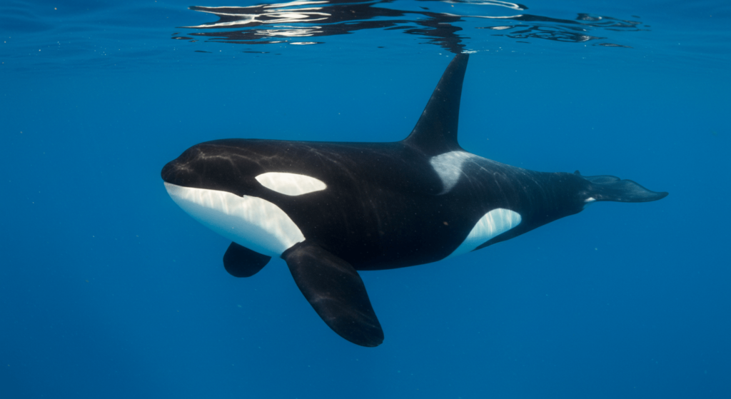 Wikie: la primera orca en replicar palabras humanas y lo que eso significa para el estudio de los animales 4 Orca nadando bajo el agua azul. Imagen de un orca deslizándose grácilmente en un entorno acuático de color azul profundo. Representación de la vida marina y cetáceos en su hábitat. Accesibilidad web y SEO.