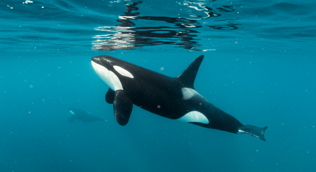 Wikie: la primera orca en replicar palabras humanas y lo que eso significa para el estudio de los animales 7 Orca nadando bajo el agua en el océano. Imagen de una orca deslizándose con elegancia en aguas oceánicas azules, mostrando su belleza y fuerza. Fotografía de vida marina y cetáceos. Accesibilidad web y SEO.