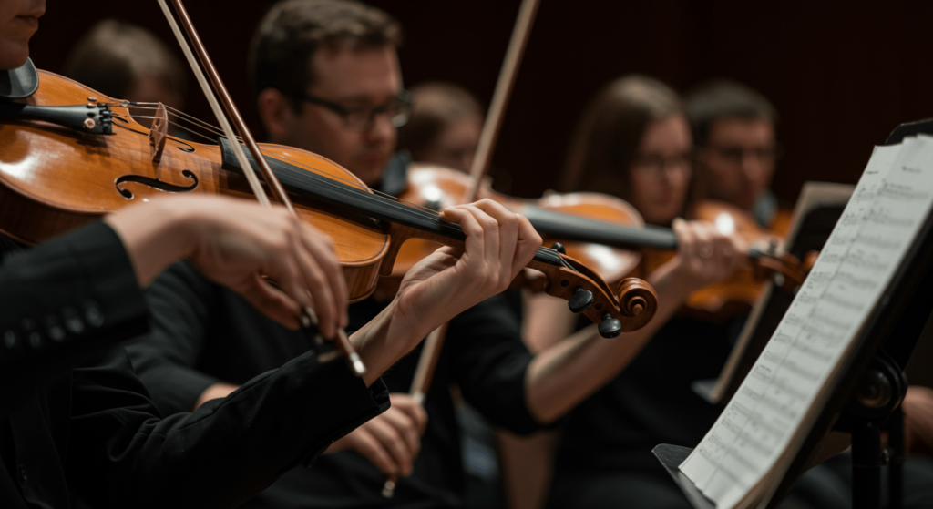 Música clásica: origen, evolución y por qué sigue vigente hoy 3 "Músicos de orquesta tocando violines. Primer plano de manos y instrumentos durante una presentación sinfónica. Concierto de música clásica."