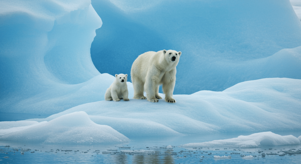 El cambio climático en 100 años: ¿Cómo será el planeta si no actuamos? 5 Osa polar con su cría sobre un iceberg. Imagen que muestra la vulnerabilidad del hábitat de los osos polares y la importancia de la conservación marina frente al cambio climático.
