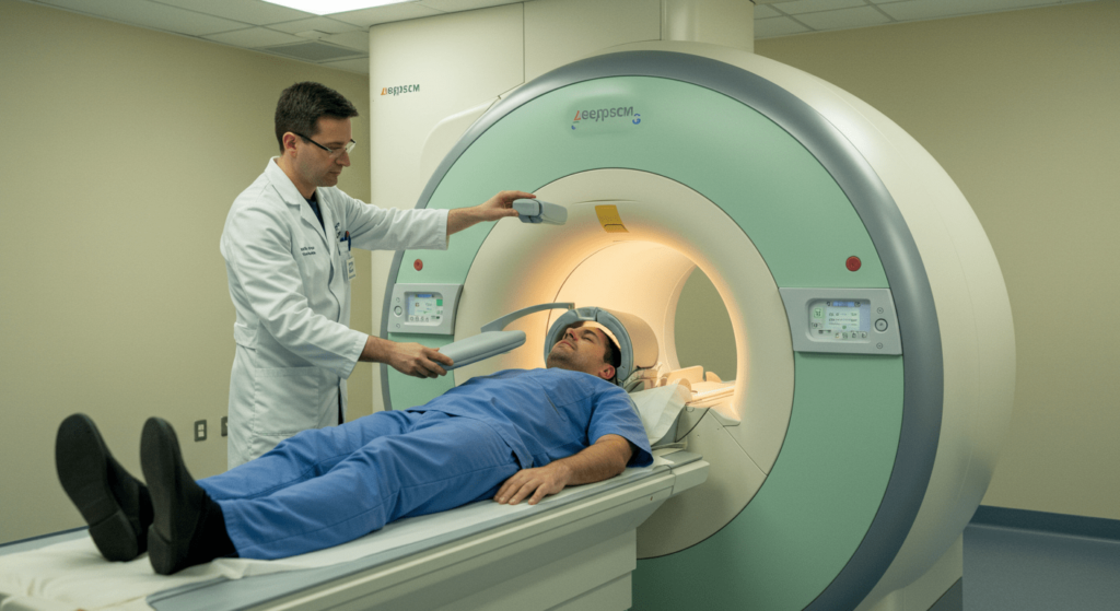 ¿Por qué soñamos? La ciencia detrás de nuestros sueños 6 Paciente en resonancia magnética. Imagen de un hombre siendo examinado en un escáner de MRI, con un médico ajustando el equipo. Examen médico y diagnóstico.