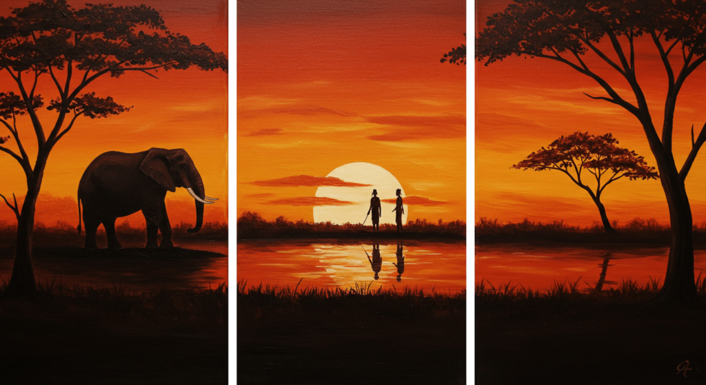 ¿Cómo observar una pintura? Técnicas para interpretar y disfrutar el arte visual 6 Triptico de pintura con paisaje africano al atardecer. Obra de arte con elefante y figuras humanas bajo el sol.