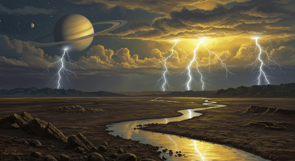 Titán, la luna que podría ser una segunda Tierra 7 "Pintura de un paisaje en Titán, la luna de Saturno, con relámpagos, rocas y cadenas de agua en primer plano. Creación visual que evoca los fenómenos meteorológicos de Titán."