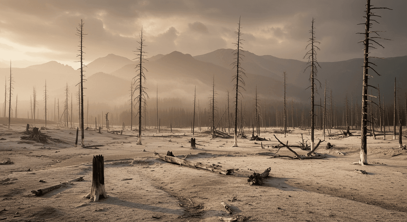 Paisaje desolado con árboles muertos y tierra árida. Imagen de devastación ambiental en tonos grises. Desierto con esqueletos de árboles y niebla. Contaminación y efectos del cambio climático.