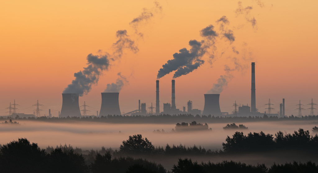El cambio climático en 100 años: ¿Cómo será el planeta si no actuamos? 4 Paisaje industrial con contaminación y humo. Imagen que muestra chimeneas industriales emitiendo humo en un entorno natural, evidenciando el impacto de la contaminación en el medio ambiente y la necesidad de prácticas sostenibles.