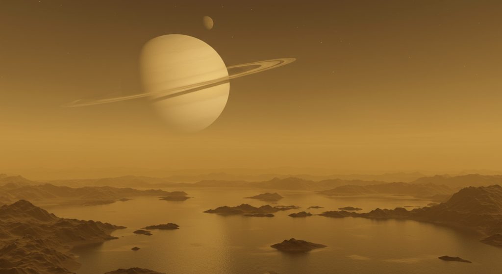 Titán, la luna que podría ser una segunda Tierra 3 "Paisaje monocromático amarillento-marrón que representa la superficie de Titán, la luna de Saturno. Vista de islas rocosas, lagos de hidrocarburos y atmósfera neblinosa. Imagen artística de un mundo extraterrestre y misterioso."