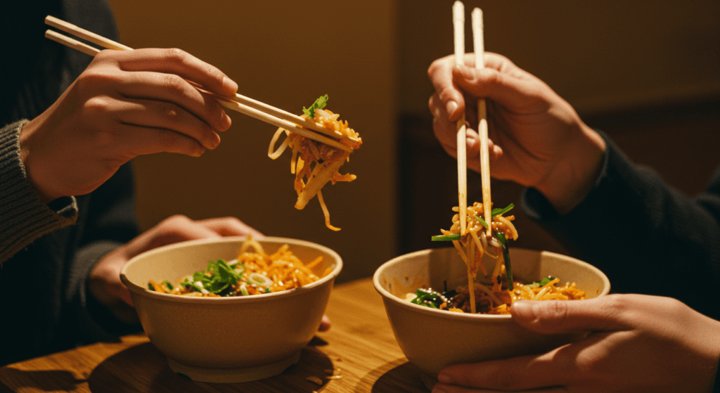 ¿6x1?: ¿Cómo cambian de color los Camaleones? 5 Personas comiendo con palillos de cuencos de comida asiática. Comida en grupo y cultura oriental. Accesible para personas con discapacidad visual.