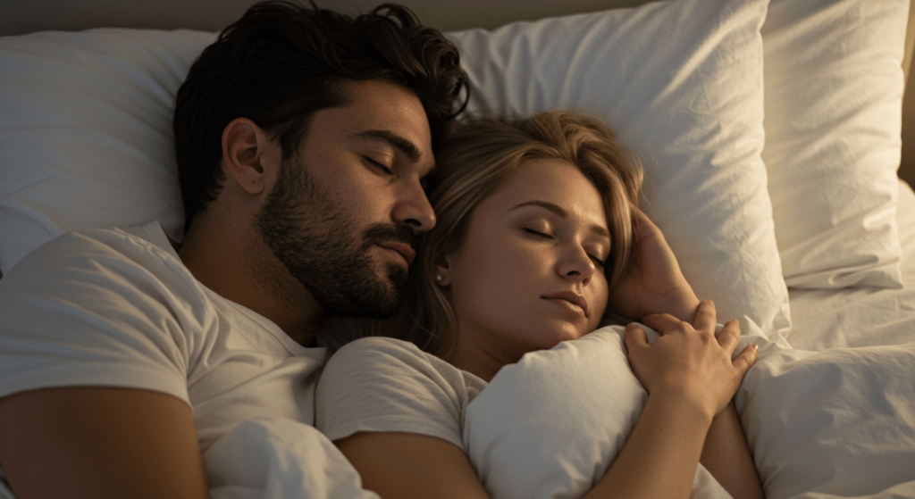 ¿Por qué soñamos? La ciencia detrás de nuestros sueños 5 Pareja durmiendo junta en la cama. Imagen de un hombre y una mujer descansando en una cama blanca. Descanso, pareja y confort.