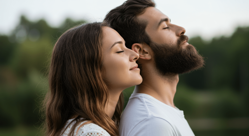 ¿Por qué suspiramos? La ciencia detrás de este acto involuntario 6 Pareja respirando aire fresco con los ojos cerrados. Imagen de personas disfrutando de un momento de paz y bienestar en la naturaleza.