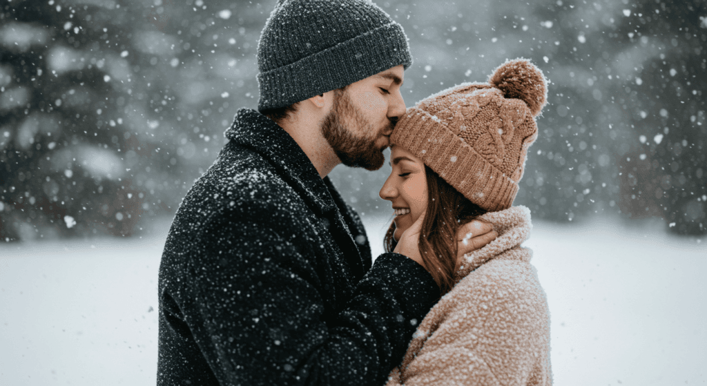 ¿6x1?: ¿Por qué nos da hipo? 6 "Pareja abrazada en la nieve. Hombre besando a mujer con gorro de lana en invierno. Ideal para romance, amor y relaciones en exteriores nevados."