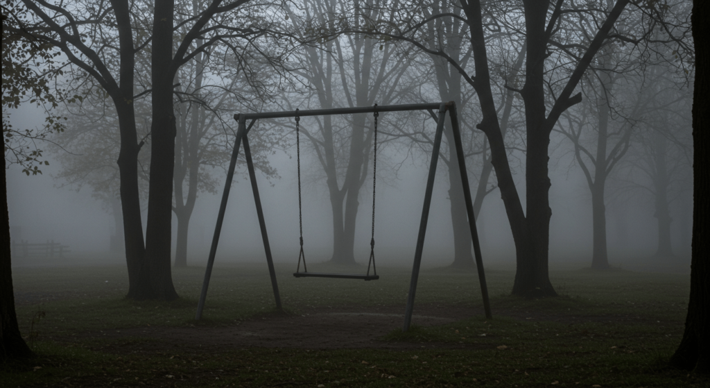 Alexander Pichushkin, el “Maníaco del Martillo”: La historia del asesino del ajedrez 2 Columpio en parque con niebla. Imagen melancólica de parque con columpios y árboles envueltos en bruma. Paisaje sombrío con ambiente misterioso.