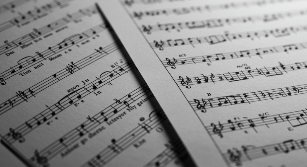 Música clásica: origen, evolución y por qué sigue vigente hoy 2 "Primer plano de partitura musical con notas, claves y ritmo indicado. Detalle de escritura musical para músicos e intérpretes."