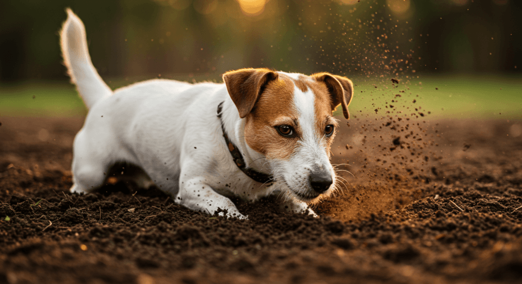 ¿Por qué tu perro actúa así? Explicaciones curiosas sobre su comportamiento 5 Perro Jack Russell Terrier excavando en tierra. Fotografía de mascota cavando con entusiasmo en el jardín. Actividad canina y juego al aire libre