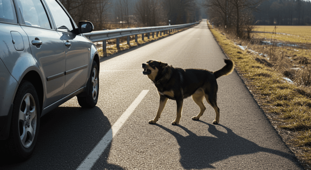 ¿Qué hay detrás del comportamiento de tu perro? Descubre las causas de sus actitudes 5 "Perro ladrando agresivamente a un coche plateado estacionado en una carretera. Imagen que captura el comportamiento territorial y protector de un perro. Ideal para contenido sobre adiestramiento canino, cuidado de mascotas y seguridad vial."