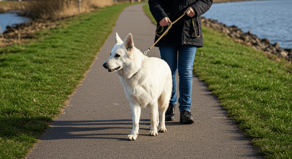 ¿Qué hay detrás del comportamiento de tu perro? Descubre las causas de sus actitudes 6 "Pastor alemán blanco paseando con su dueño por un sendero junto a un lago. Imagen de un perro disfrutando de un paseo al aire libre. Ideal para contenido sobre mascotas, perros, estilo de vida activo y la relación humano-animal."