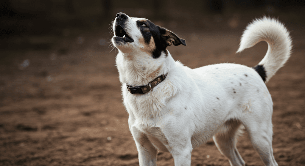 ¿Por qué tu perro actúa así? Entendiendo las razones detrás de su comportamiento 5 "Perro blanco con manchas negras ladrando. Mascota en suelo de tierra con expresión de alerta. Ideal para razas de perros, animales domésticos y comportamiento animal."