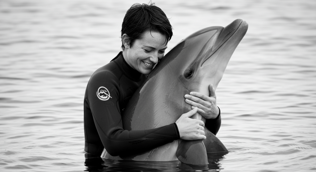 El delfín que quiso aprender inglés: el experimento que desafió los límites de la ciencia 4 Persona abrazando a un delfín, imagen en blanco y negro. Muestra cercanía entre humano y animal marino