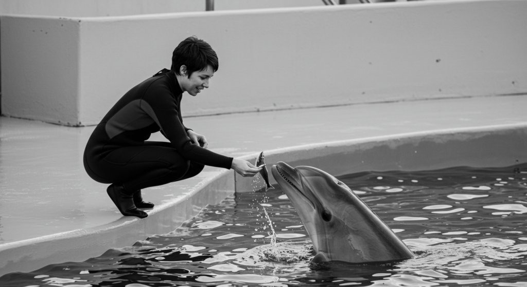 El delfín que quiso aprender inglés: el experimento que desafió los límites de la ciencia 6 Persona alimentando a un delfín, foto en blanco y negro. Interacción entre humano y delfín en un entorno de piscina