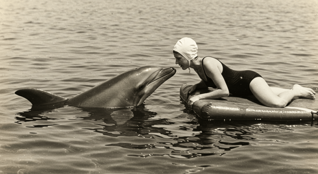 El delfín que quiso aprender inglés: el experimento que desafió los límites de la ciencia 5 Mujer con delfín en el agua, foto antigua. Imagen de una mujer en flotador interactuando con un delfín de cerca. Amistad entre humanos y animales.