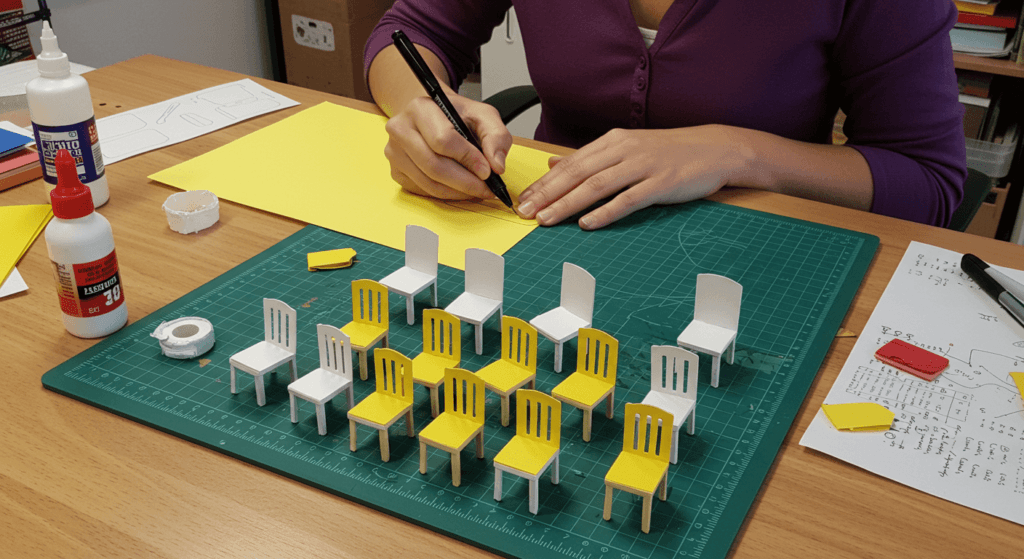6x1 ¿Por qué hay más diestros que zurdos? 3 "Persona creando maquetas de sillas de papel en un escritorio con herramientas de manualidades. Imagen de una actividad creativa y artística. Ideal para contenido sobre manualidades, DIY, diseño y proyectos de arte."