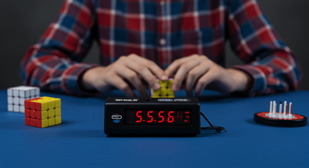 ¿6x1?: ¿De dónde provienen los acentos? 6 Persona resolviendo cubo de Rubik rápido. Imagen de alguien haciendo Speedcubing con un tiempo de 5.556 segundos registrado en el temporizador. Fotografía de un deporte mental y habilidades. Accesibilidad web y SEO.