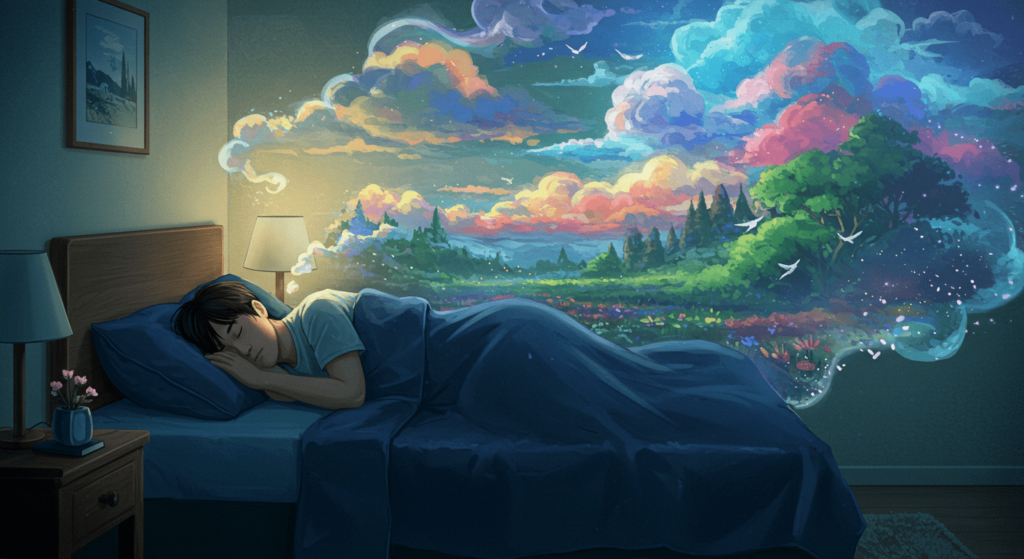 ¿Por qué soñamos? La ciencia detrás de nuestros sueños 7 Persona soñando con paisaje colorido. Ilustración de alguien durmiendo con una visualización de un sueño con campos floridos y aves. Descanso y sueños.
