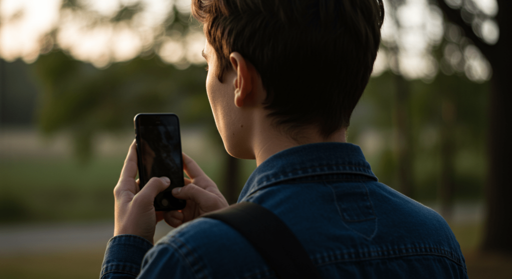 ¿Por qué suspiramos? La ciencia detrás de este acto involuntario 1 Persona llamando por teléfono al aire libre. Vista trasera de persona con móvil en la naturaleza.