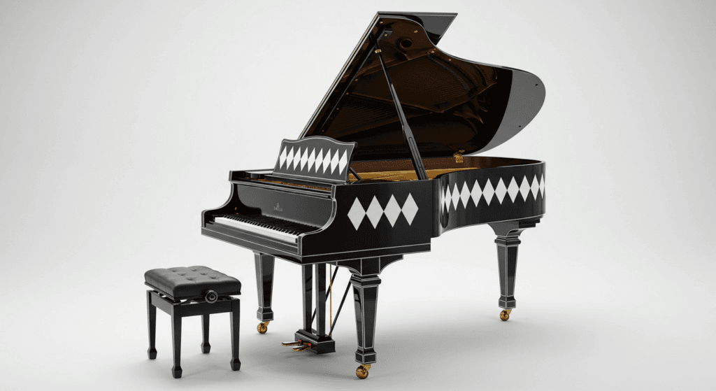 Los 5 instrumentos musicales más caros del mundo y sus historias 4 "Elegante piano de cola en blanco y negro con diseño único. Imagen accesible sobre instrumentos musicales, diseño de interiores y música clásica."