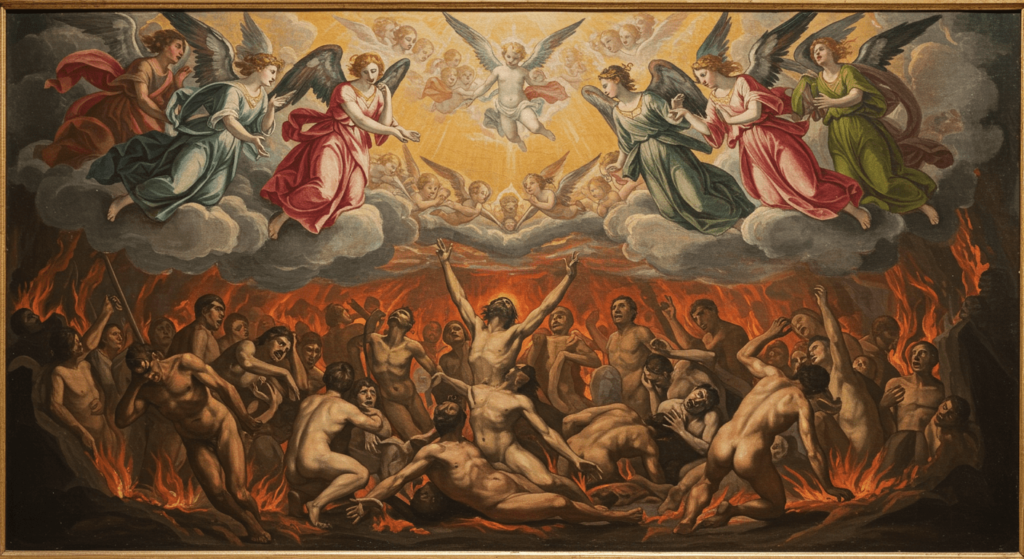 ¿6x1?: ¿De dónde provienen los acentos? 7 Pintura clásica del infierno con almas torturadas y ángeles. Imagen de una obra de arte representando una escena del infierno con figuras humanas sufriendo entre llamas y ángeles celestiales. Pintura religiosa clásica. Accesibilidad web y SEO.