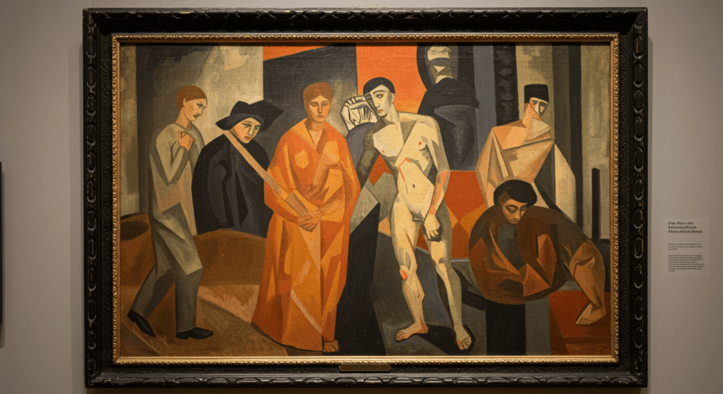 Arte vanguardista: El movimiento que rompió las reglas y redefinió la creatividad 6 Fotografía de una pintura cubista en un museo. Se representa un grupo de personas, una de ellas desnuda, con formas geométricas y colores apagados. Ideal para contenido sobre arte moderno, cubismo o exposiciones artísticas.