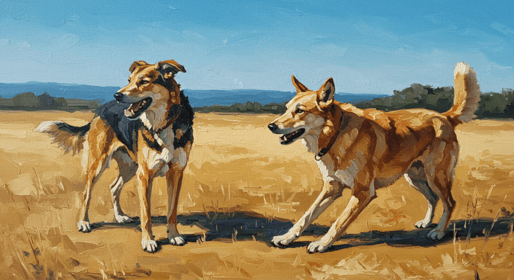 ¿Por qué tu perro actúa así? Entendiendo las razones detrás de su comportamiento 7 "Pintura impresionista de dos perros jugando. Estilo artístico con colores vivos y pinceladas marcadas. Ideal para amantes del arte, mascotas y razas de perros."