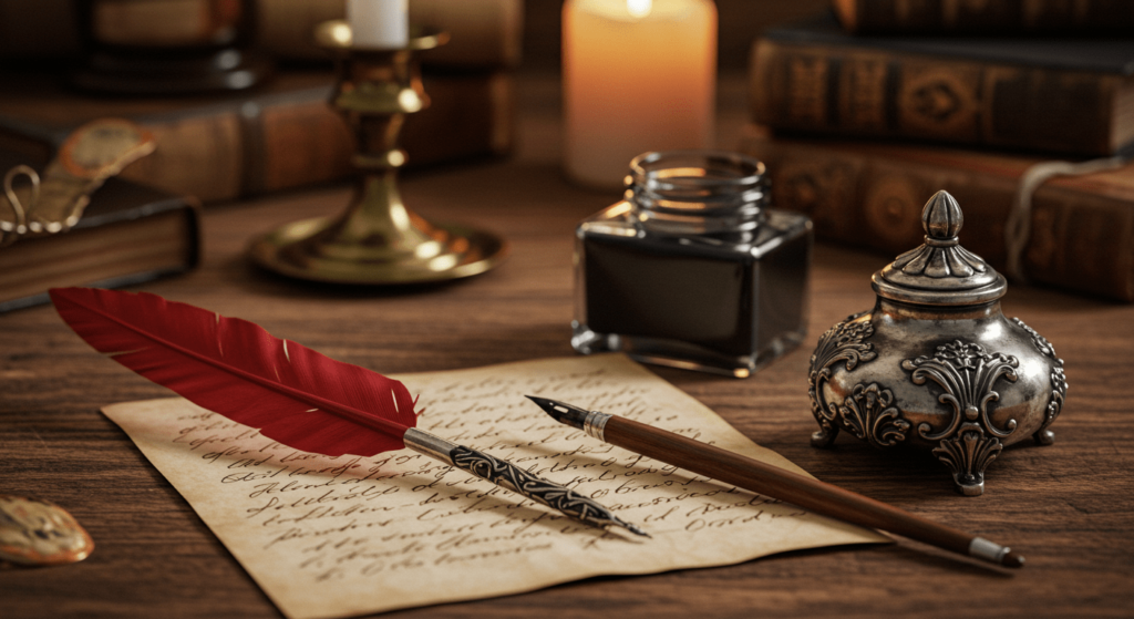 ¿Quién fue Gabriel García Márquez? Vida, obra y legado del Nobel colombiano 4 Pluma de ave y tintero antiguo sobre carta escrita a mano. Imagen para escritura creativa y literatura clásica. Accesibilidad web.