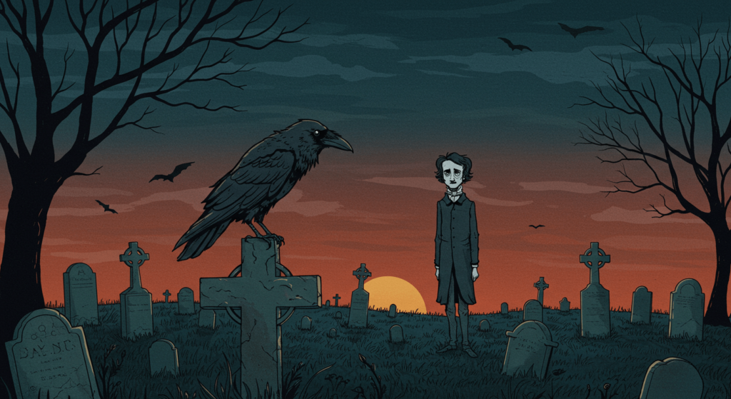 ¿Quién fue: Edgar Allan Poe? Parte 2 6 Ilustración de Edgar Allan Poe en un cementerio con un cuervo. Imagen gótica y melancólica para fans del autor y la literatura de terror.